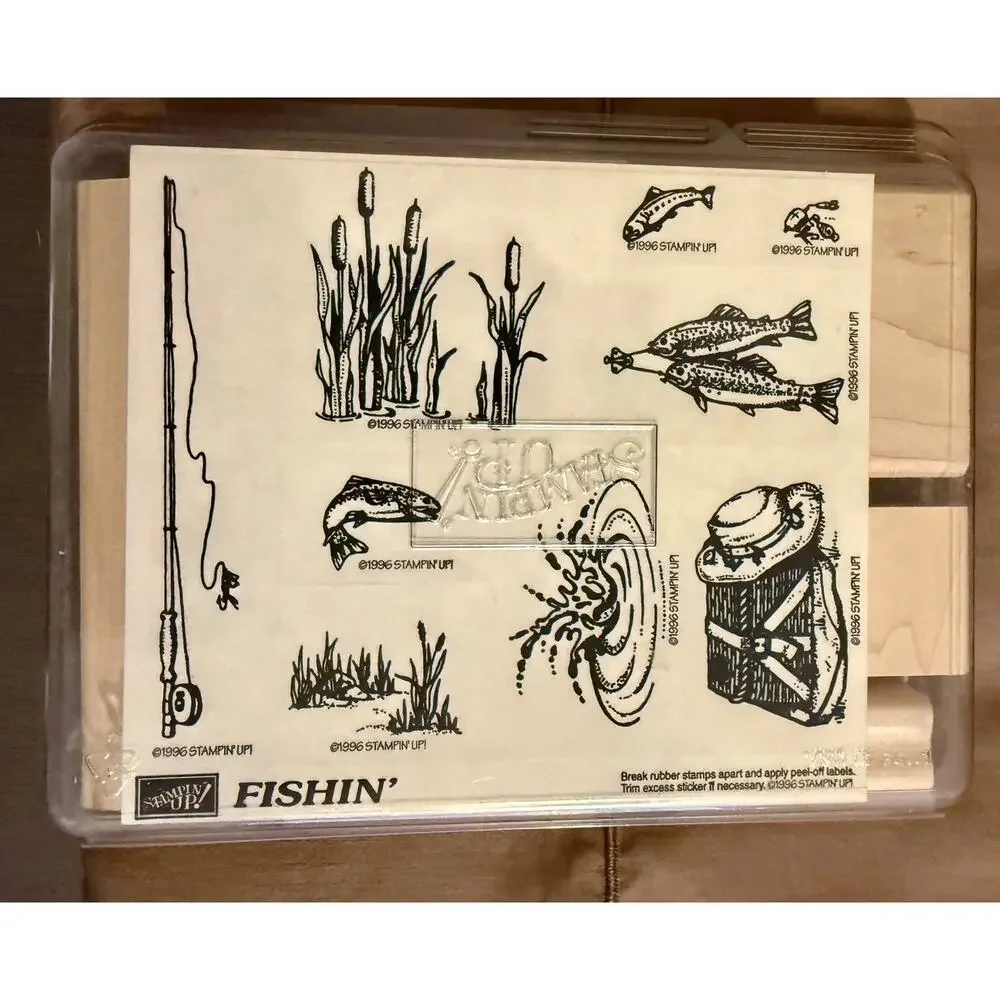 STAMPIN UP FISHIN Unmounted 9 Rubber Stamps Pole Kreel Water Scene‎ Fishing NEW
